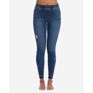Spanx M Jeans Distressed Ankle Skinny Mid Rise Waist Stretch Shaping Blue Denim